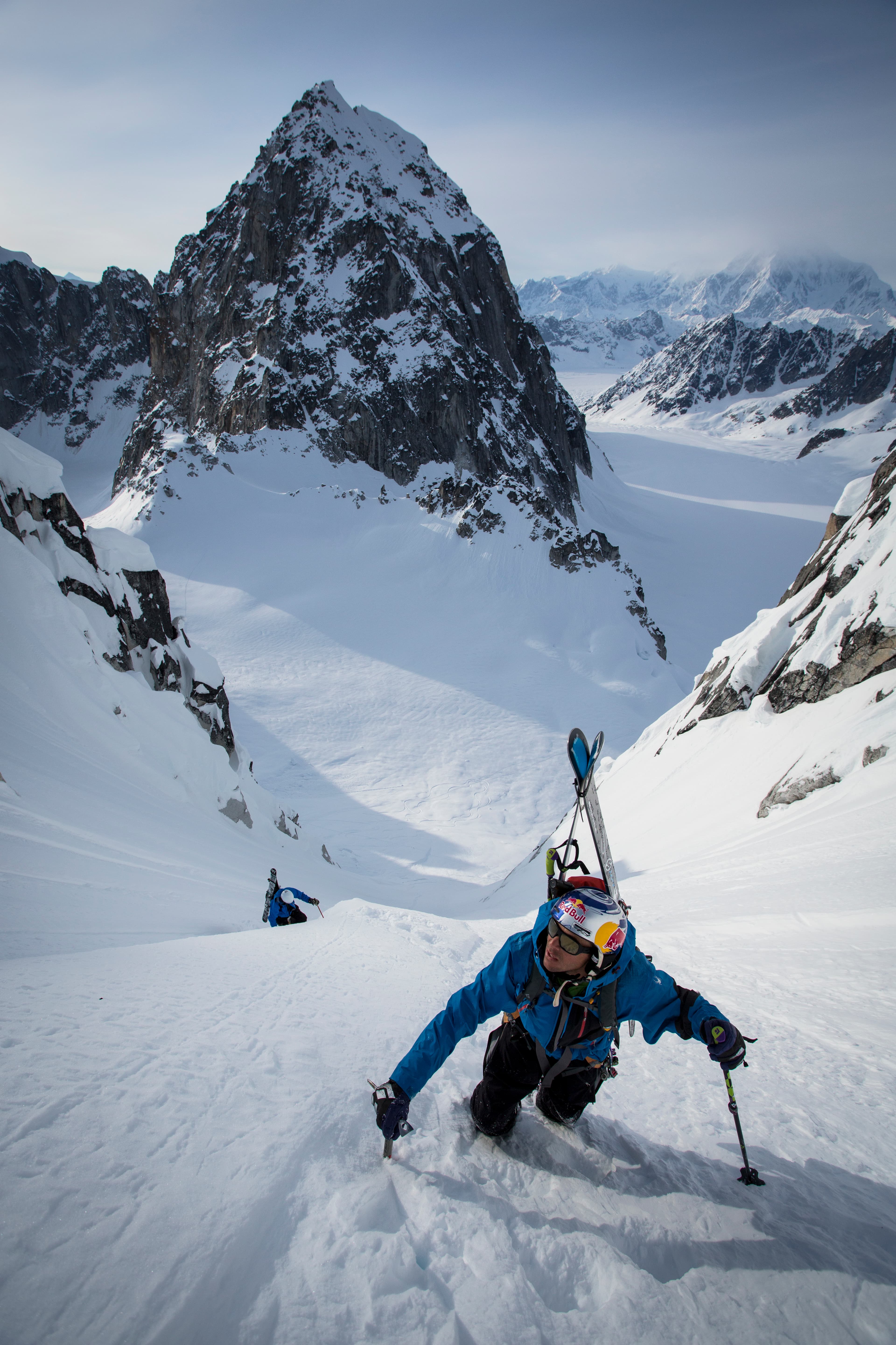 Chris Davenport ice climbing a steep couloir in Alaska