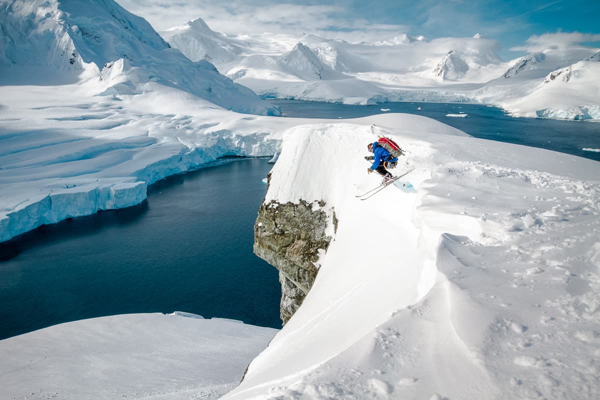 Chris Davenport jumping off a cliff into Antarctic sea