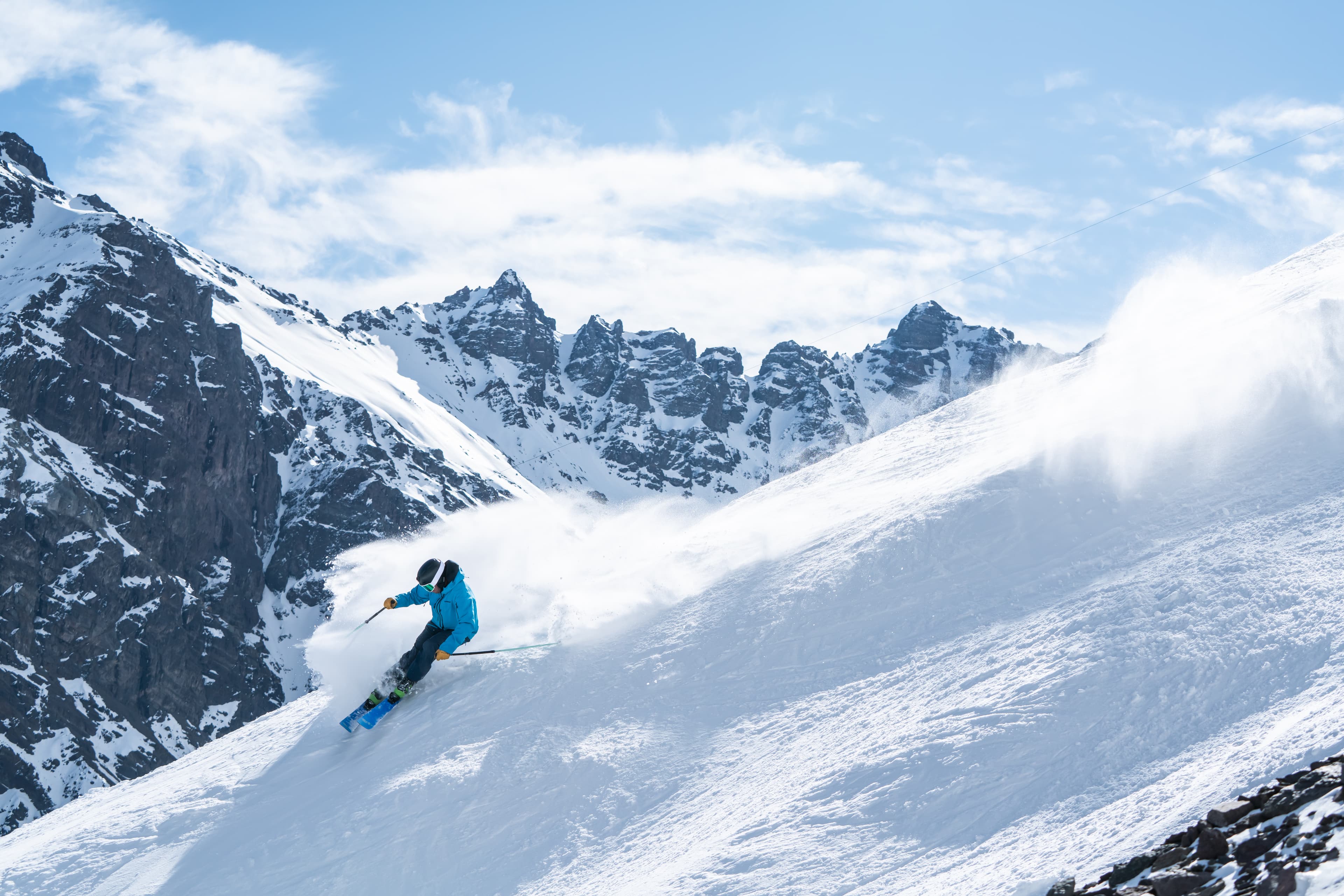 Skiing powder in the Chilean Andes at Portillo
